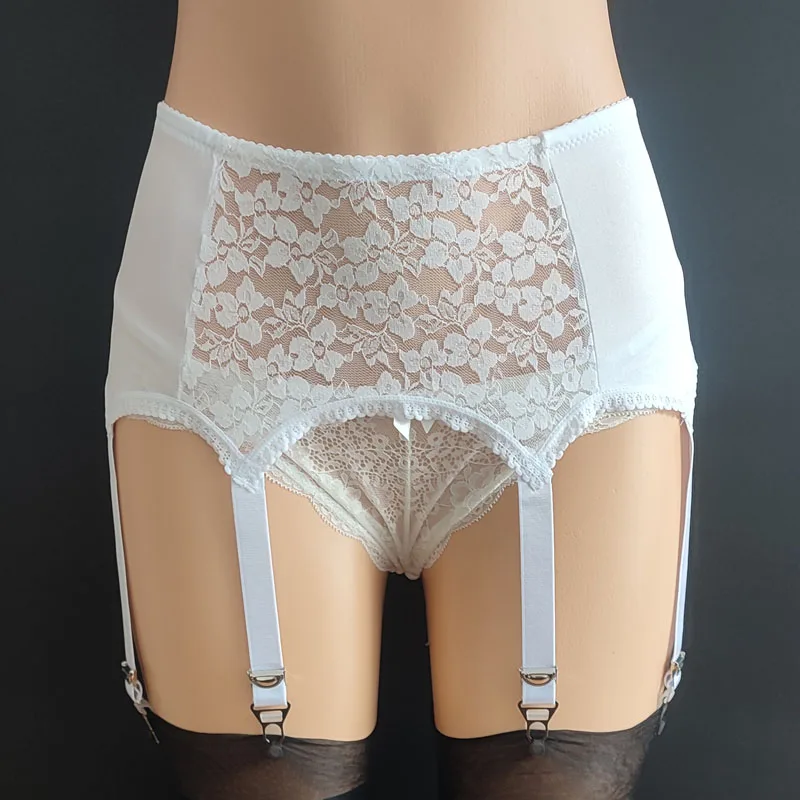 Women Vintage High Waist Garter Belt Flower Embroidery Hollowed Out Mesh Suspender Belt 6 Clips Garters for Thong Stocking S-3XL