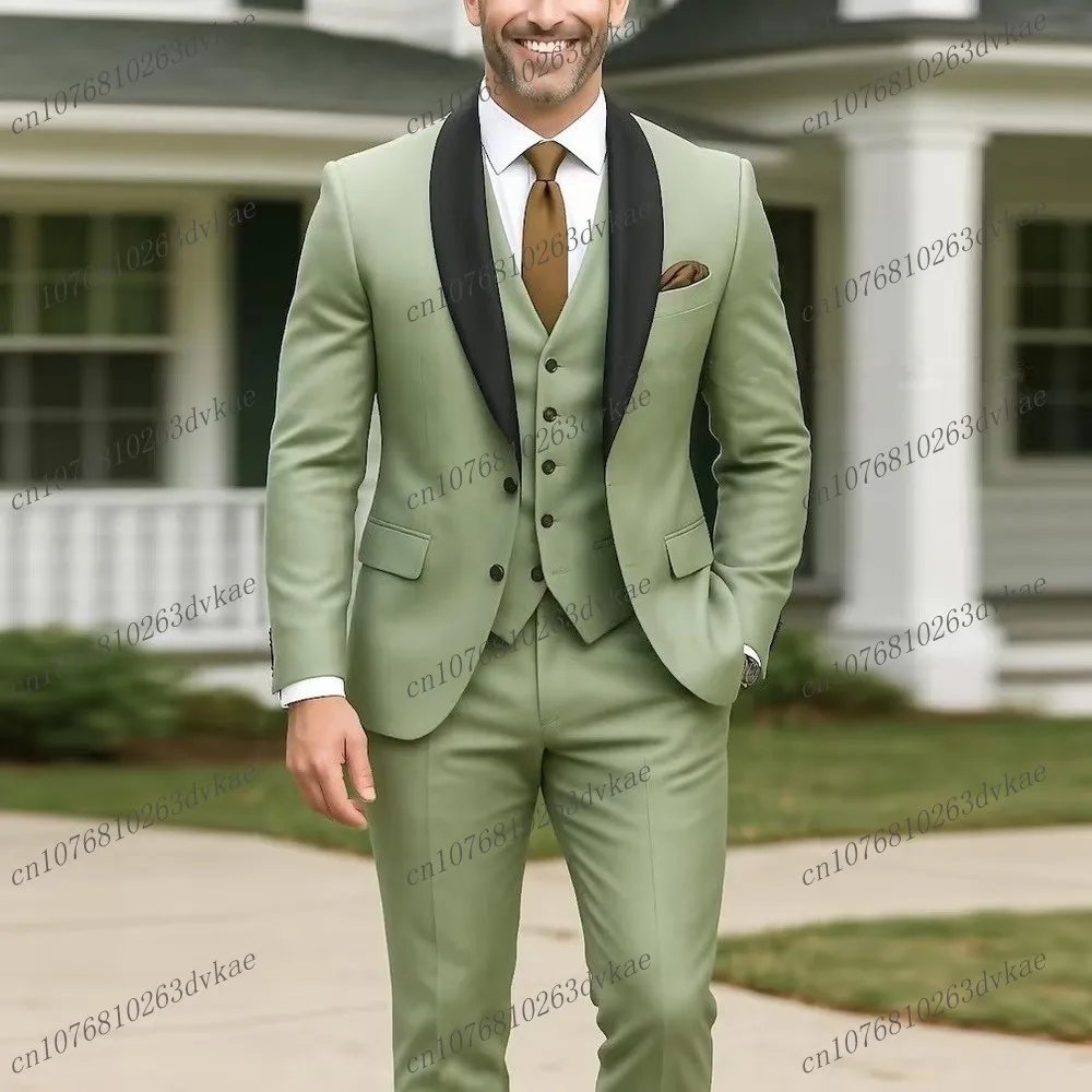 

Black Collar Green Men Suit Wedding Party Formal Groom Groomsman Prom Business Male Tuxedos 3 Piece Set Jacket Vest Pants