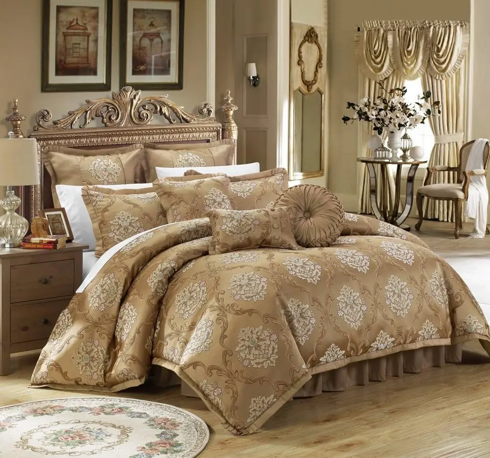 9 Piece Aubrey Decorator Upholstery Comforter Set And Pillows Ensemble, Queen, Gold