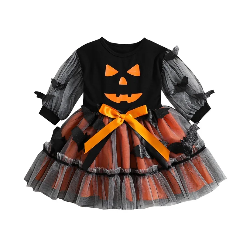 Little Girl’s Long Sleeve Dress Halloween Printed Bat Stitching Mesh Yarn A-line Dress