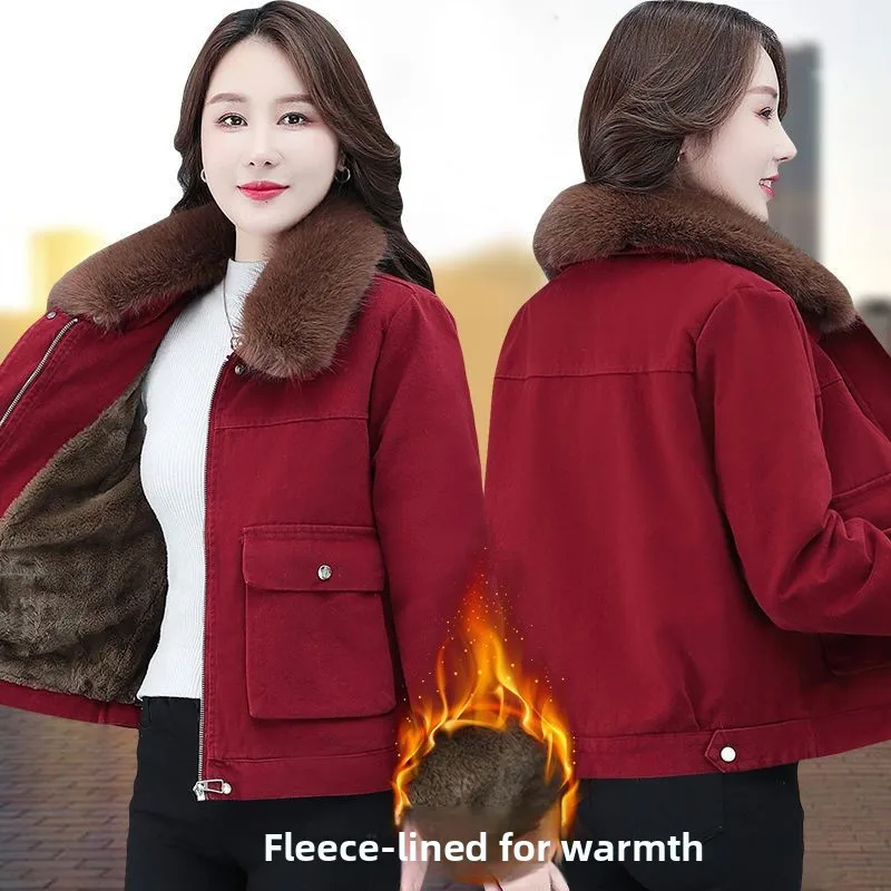 Women's Fleece Lined Thickened Casual Parka Coat Winter New Loose Fashionable Cotton Padded Jacket Youthful Fur Collar Top