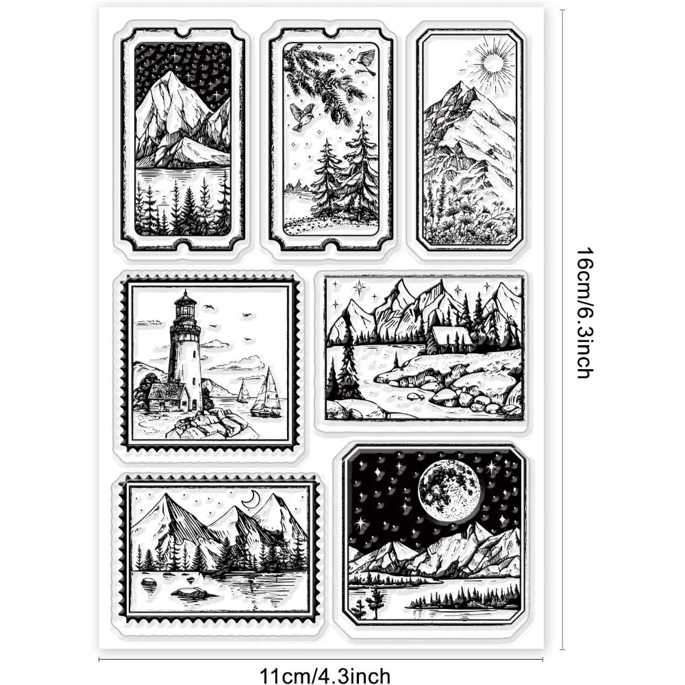 1pc Retro Landscape Clear Stamps for DIY Scrapbooking Vintage Lighthouse Mountain Forest Scenery Silicone Clear Stamp Seals