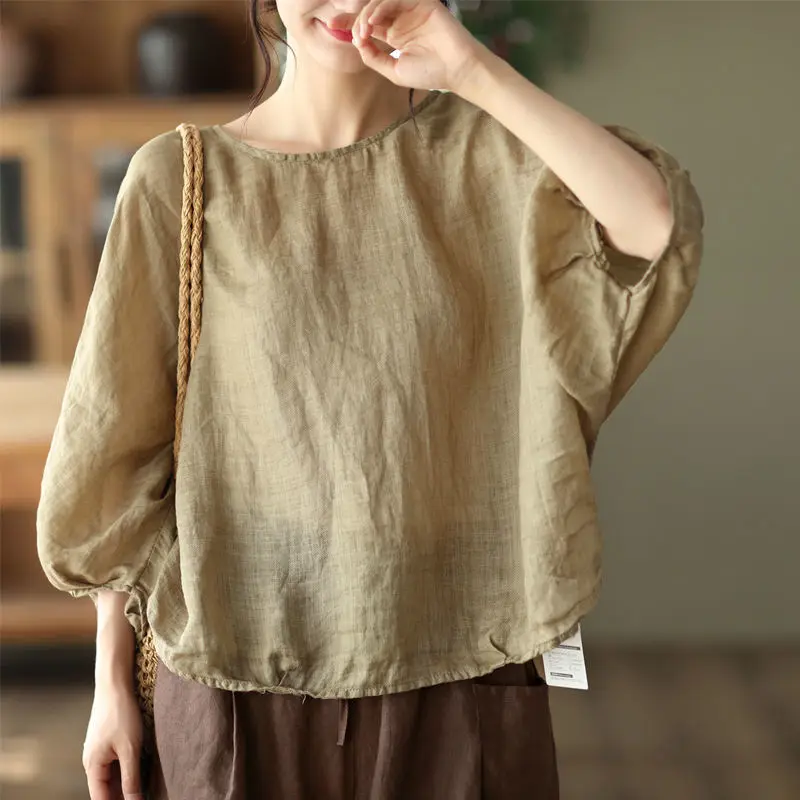 

New Arrival Summer Arts Style Women Loose Casual O-neck Batwing Sleeve Blouse All-matched Vintage Cotton Linen Shirts P440