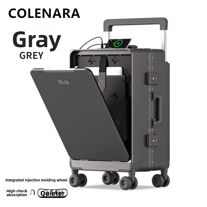 COLENARA ABS+PC Zipper Suitcase Front Opening Boarding Case Aluminum Frame Trolley Case 20