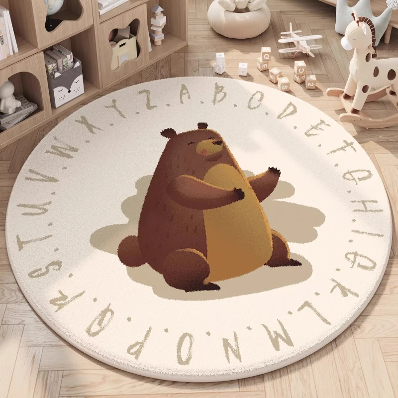 Runder Teppich im Cartoon-Stil, flauschig, weich, Kinderfußmatte, dicker Plüschteppich mit Tiermuster für das Wohnzimmer_voghion.com