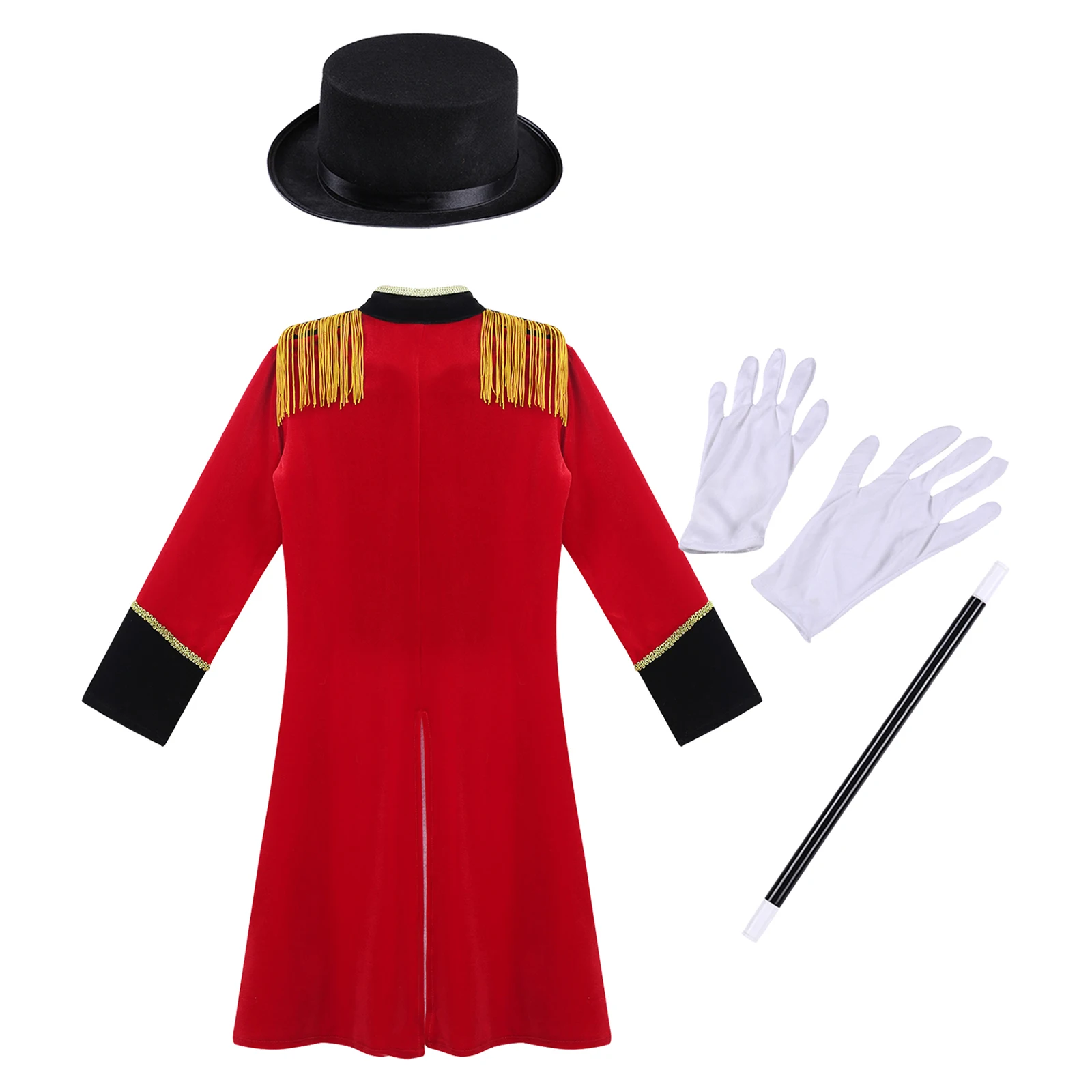 Bambini ragazzi Costume da circo Set manica lunga colletto alla coreana nappa spalla Tailcoat con cappello bacchetta magica guanti per Halloween Cosplay