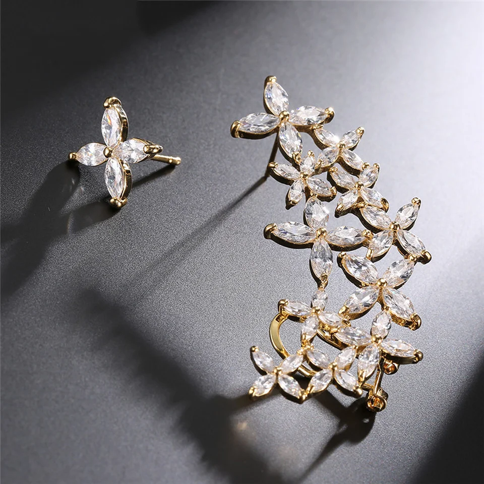 RAKOL Fashion Asymmetric Zircon Flower Ear Cuff Stud Earrings For Women White Crysyal Bridal Brincos Jewelry