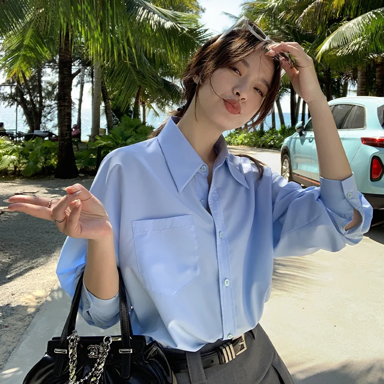 

Long Sleeve Shirts Womens Satin O Neck Slim Fit Floral Print Feminine Preppy Minimalist Spring Office Casual Comfortable Chic