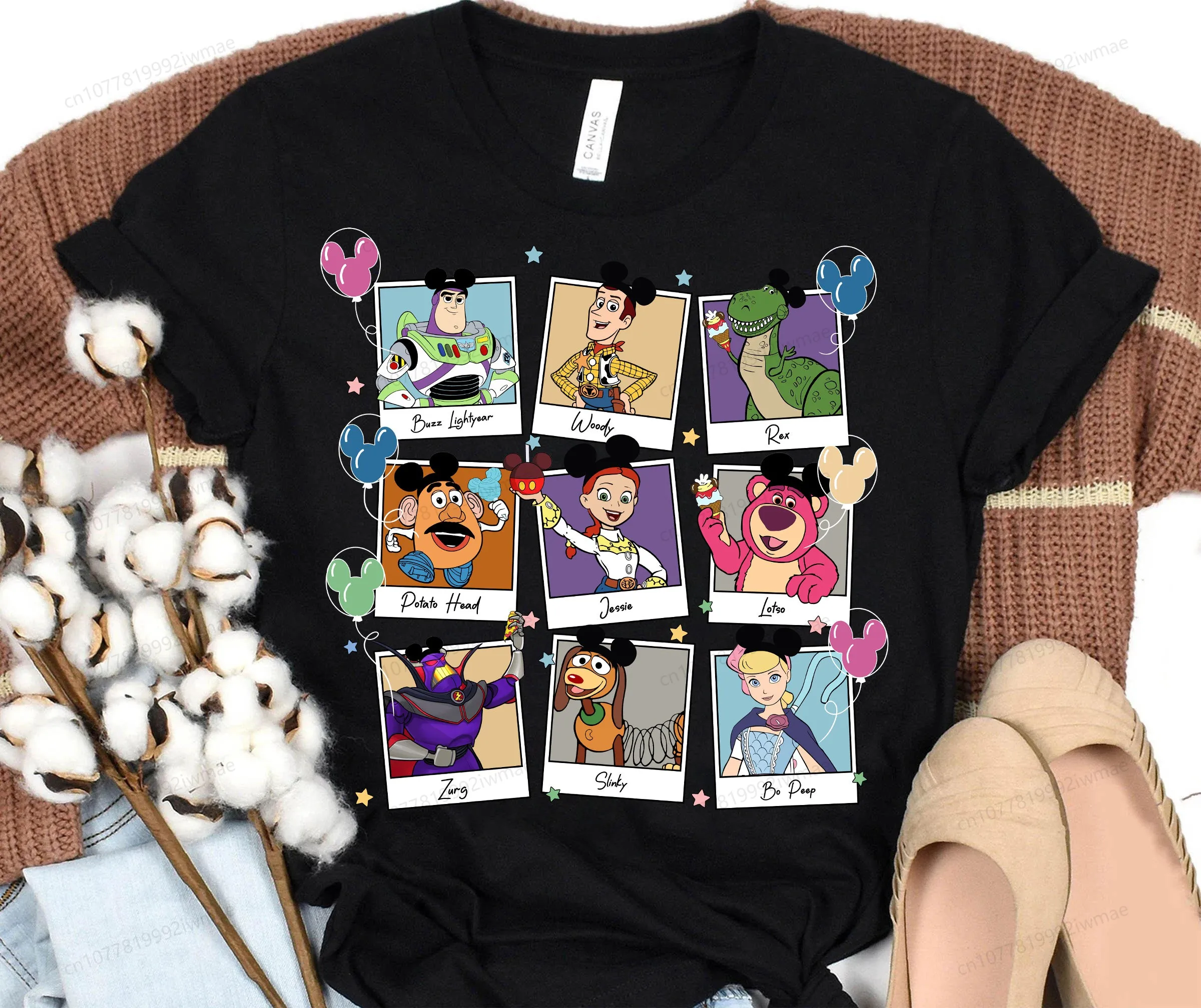 Disney Toy Story Polaroid Portrait Cotton T-Shirt, Buzz Lightyear Woody Jesse Alien Rex Lothor Spring Mickey Balloon Shirt