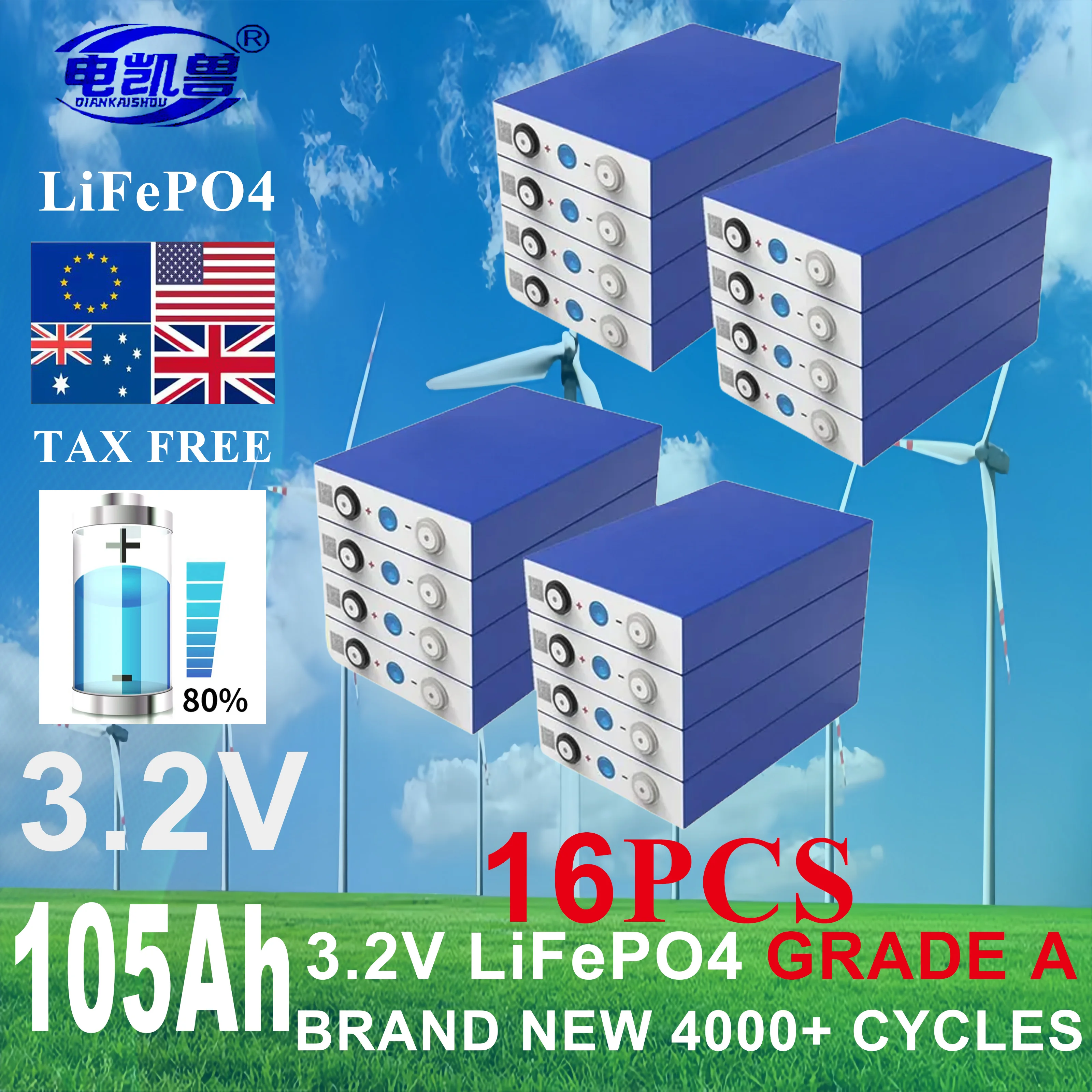 

New 16pcs Grade A 105ah 3.2V Lifepo4 Rechargeable Battery 4000 Cycles DIY 12V 24V 48V RV, yacht, golf cart solar energy battery