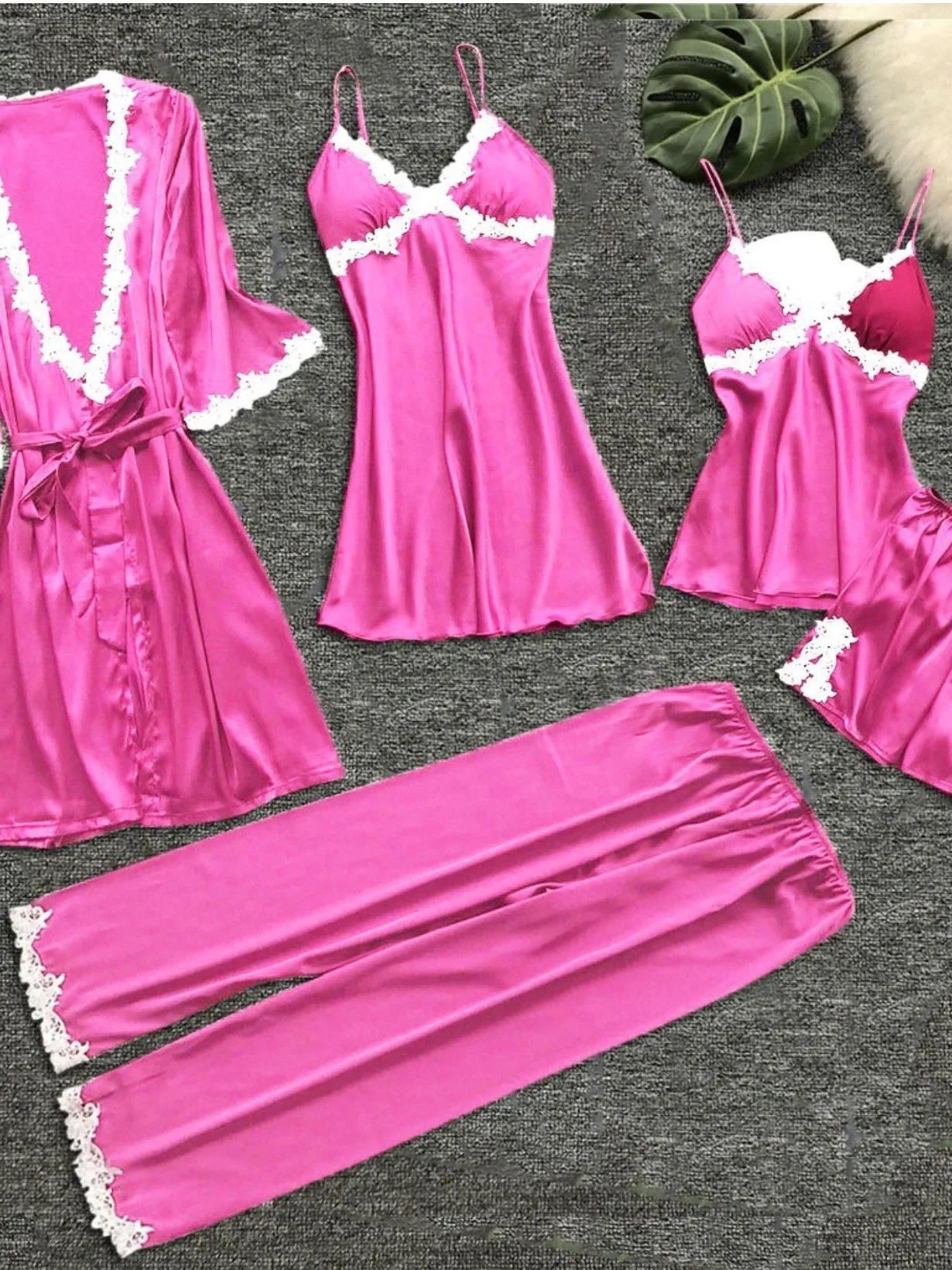 

Sexy Five-Piece Set Women's Summer Sleeve Home Clothes Nightgown Large Size Sleepwear Robe Bathrobe Lace Trim V-Neck Long Pants