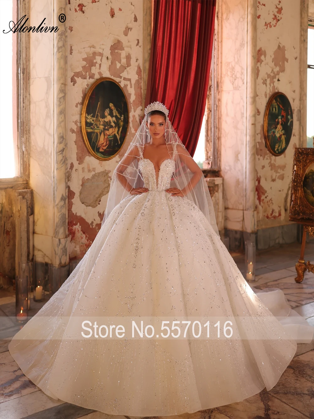 Alonlivn Custom Made Luxury Beaded Bling Lace Ball Gown Wedding Dresses Beading Pearls Spaghetti Straps Princess Bridal Gowns