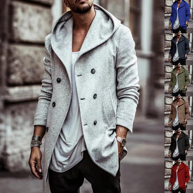 Autumn And Winter Men's Earth Trench Coat Medium And Long Lapel Hooded Composite Space Cotton Double-breasted Casual Trench Coat