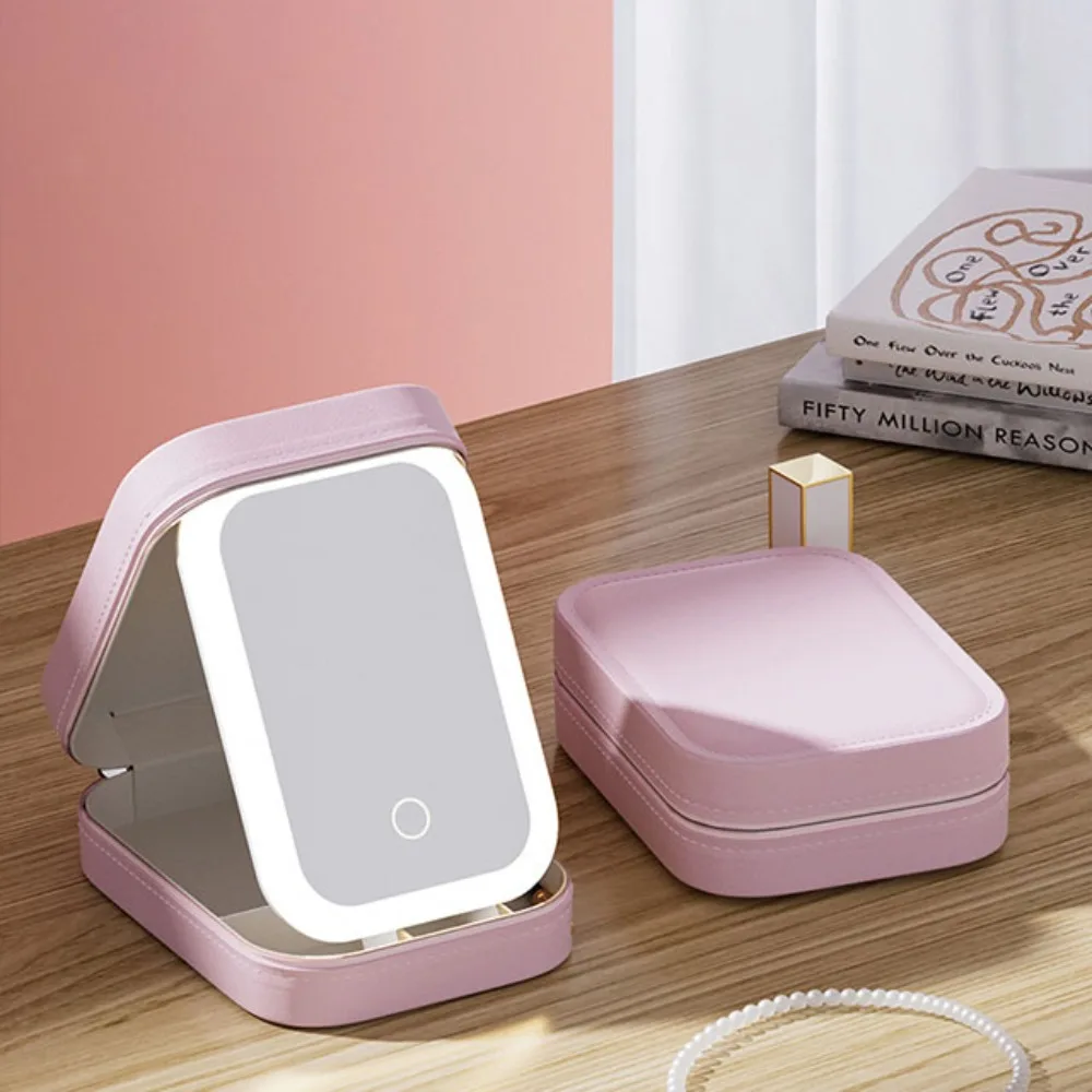 Portable LED Makeup Bag with Mirror 3 Colors Lighting Multi-Compartment Makeup Storage Box Travel Cosmetic Mirror Case