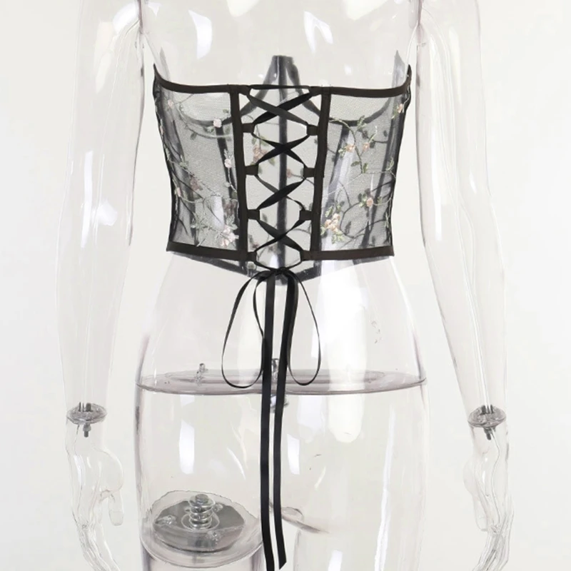 Women\'s Lace Up Hollow BustiersTops Curve Shaper Embroidery Corsets Chest Support with Flower for Summer