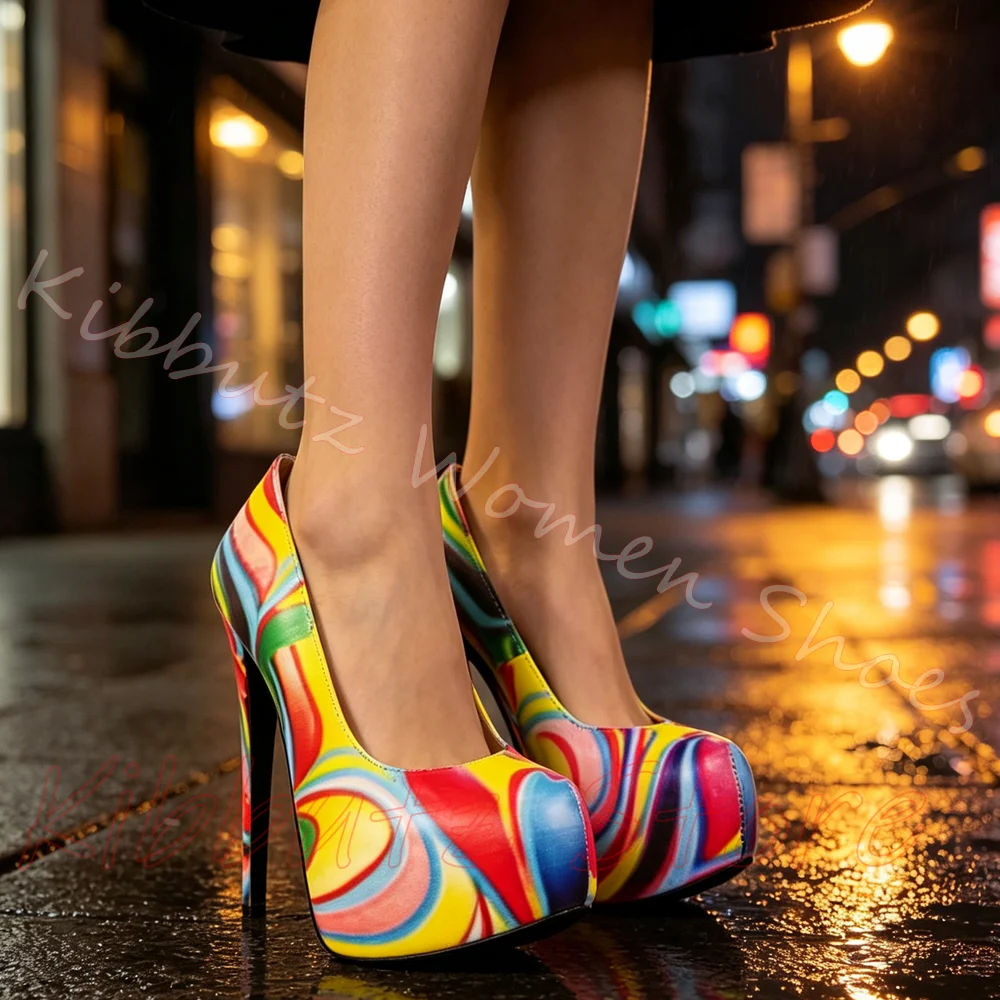 Pumps Platform Rainbow Mixed Color Round Toe Thin High Heels Slip-On Novelty Sexy Elegant Novelty Concise Sexy Women Shoes New