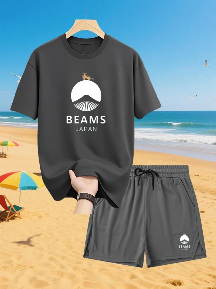 

2025 New Summer Men'S Sportswear Short-Sleeved T-Shirt Suit Two-Piece Outdoor Travel Clothing Oversized Shorts Training Clothes