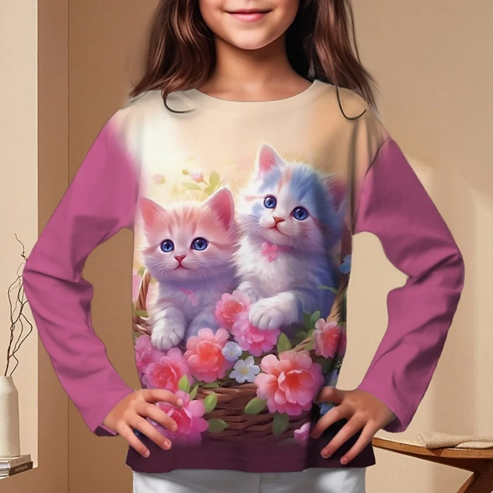

Children's Clothing Girl T-Shirt Long Sleeve 3D Cartoon Cat Print Kids Autumn Clothes Fashion Cute Girl Clothes Polyester Tops