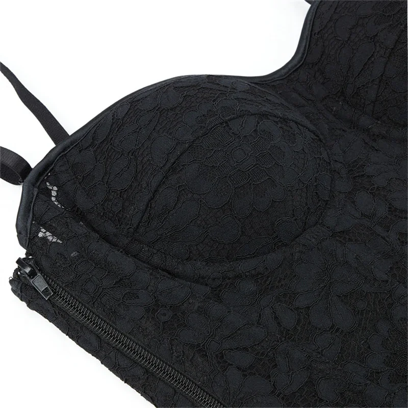 Corsé negro Sexy de encaje Floral de malla transpirable para mujer, corsé por encima del busto gótico con cremallera lateral, moldeador de cuerpo, corpiño con tirantes finos