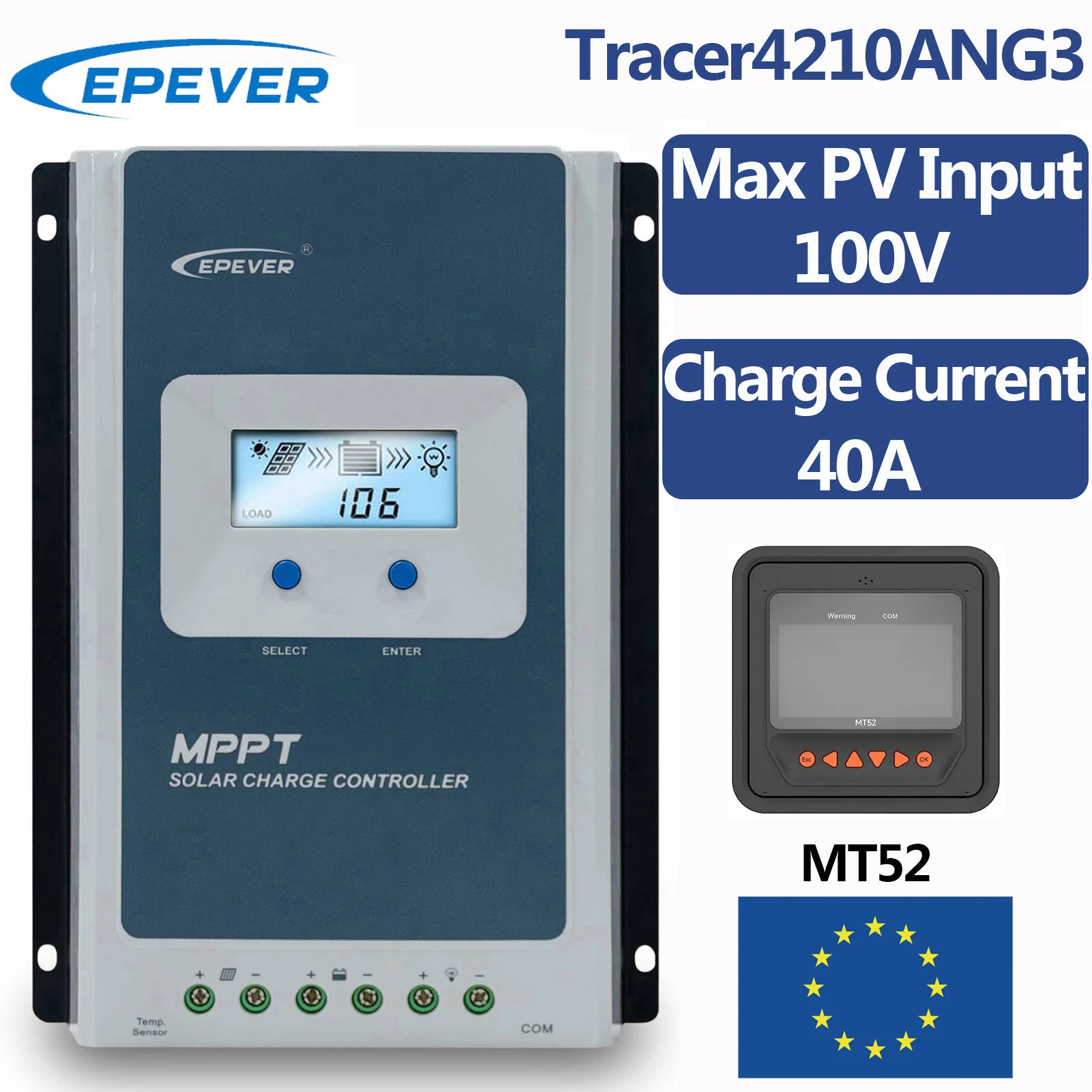 

EPEVER Upgrade 40A MPPT Solar Charge Controller Max PV Input 100V Battery Voltage 12V 24V