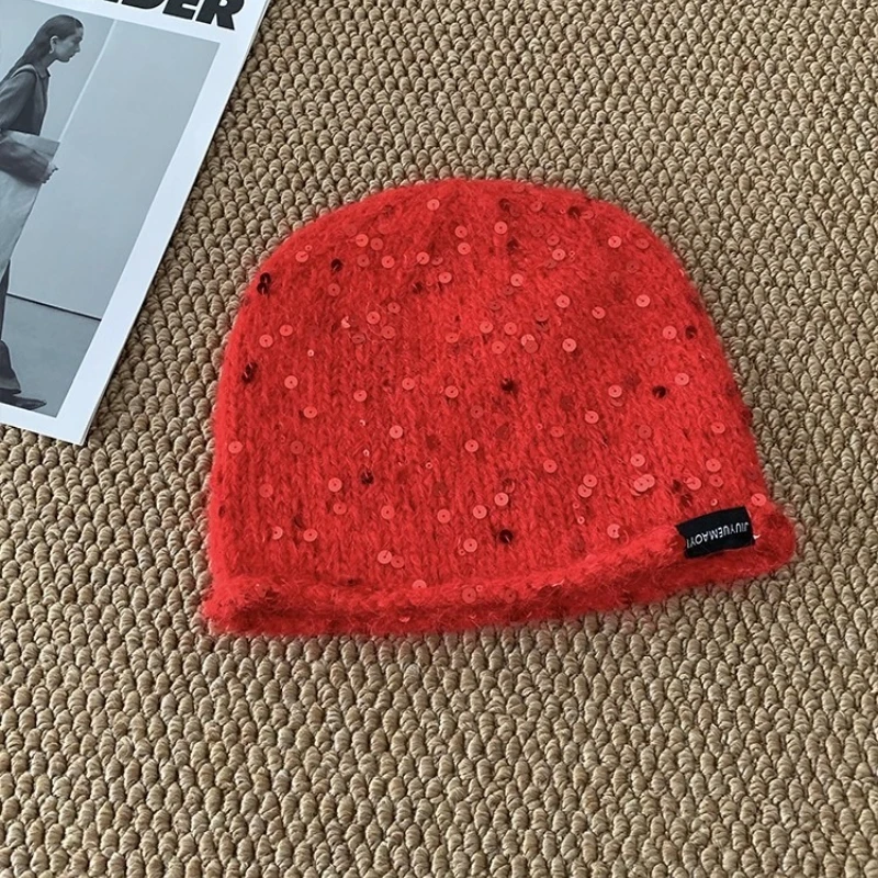 Ins Fashion Sequined Mohair Knitted Beanies Y2K Winter Warm Versatile Atmosphere Personality Pullover Hats for Men and Women