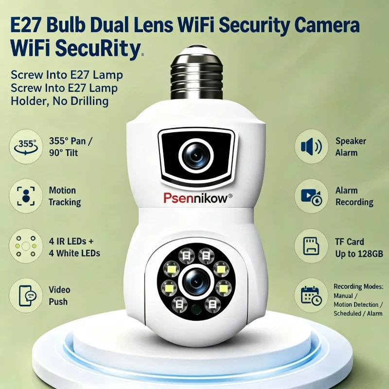 Psennikow 4K 8MP E9 Bulb WiFi Baby Monitor Camera Dual Lens Dual Screen Auto Tracking Two Way Audio  Night Vision Security Prote