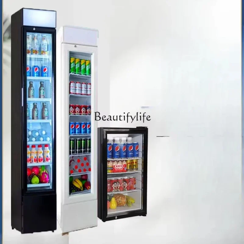 Refrigerated and fresh 105L commercial vertical ultra-narrow thin tea beverage display freezer