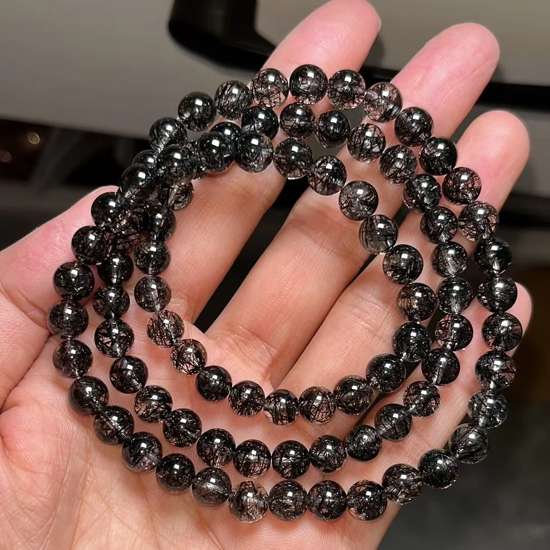 Natural Black Rutilated Quartz 3 Laps Clear Round Beads Bracelet 6.8mm Crystal Women Men Rare Brazil Genuine Rutilated AAAAAA