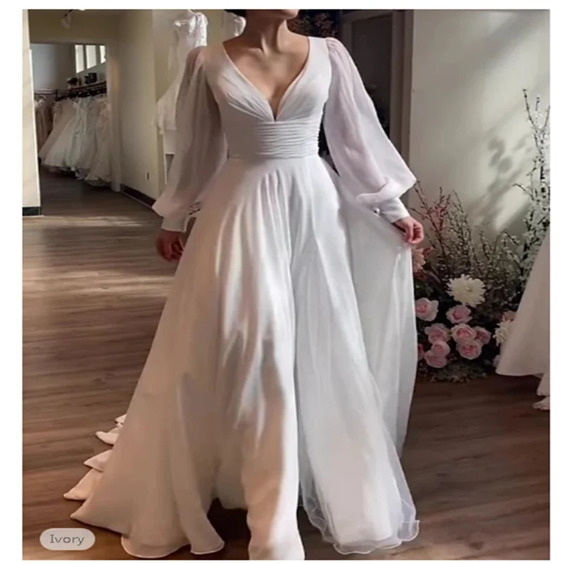 Simple Wedding Dresses Little White Dress Bridal Shower Dresses Wedding Dresses A-Line V Neck Long Sleeve Court Train Dresses