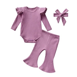 New Spring Autumn Newborn Infant Baby Girl Knitted Clothes Set Long Sleeve Romper Top + Flared Pants + Headband Toddler Outfit