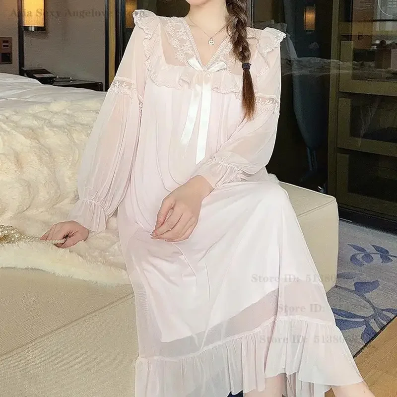 Long Sleeved Mesh Princess Nightdress Spring Summer V-Neck Lace Nightgown Loose Casual Home Dress Palace Style Sweet Sleepwear 2