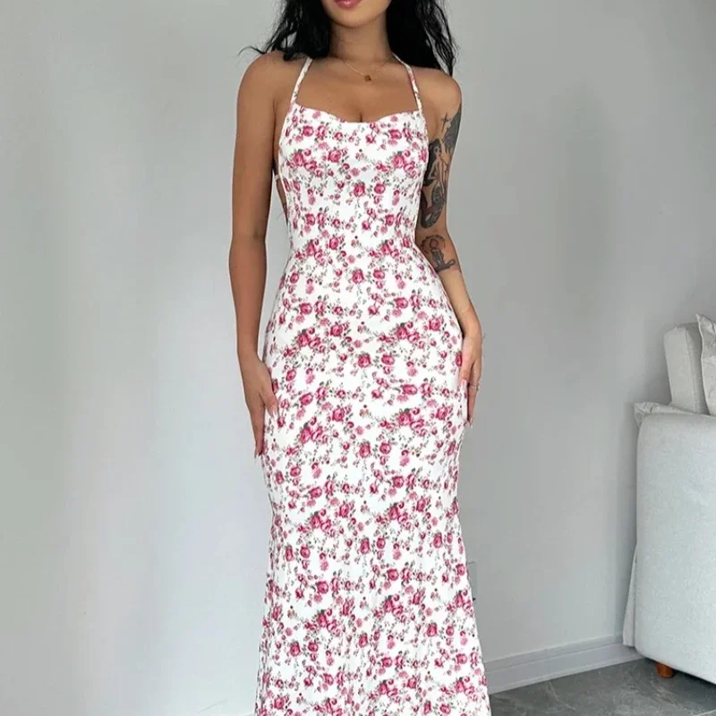 فستان دولزورا هالتر بدون أكمام بدون ظهر وأربطة مطبوع عليه زهور فستان ميدي نسائي مثير أنيق غير رسمي فستان طويل للحفلات والنوادي والشاطئ
