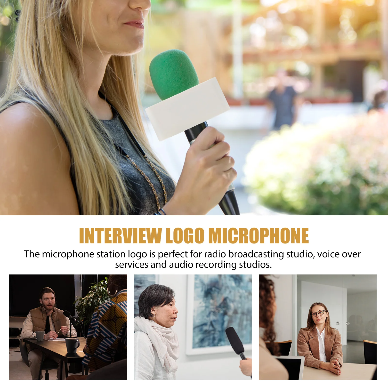 

2Pcs Triangle Microphone Logo Station White ABS Durable PVC Interview Mic Mark Broadcasting Recording Accessories