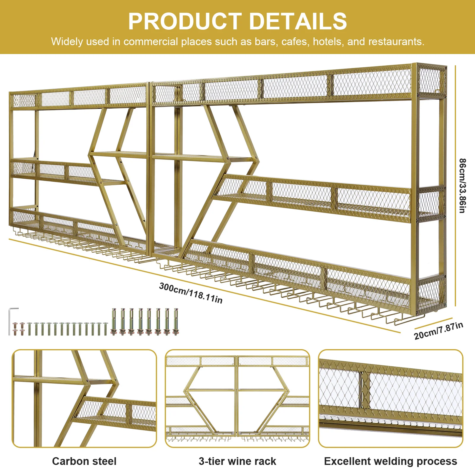 Metal Wine Bottles Storage Display Storage Shelf with Wine Glass Holder Liquor Bottles Storage Display for Home & Dining Room