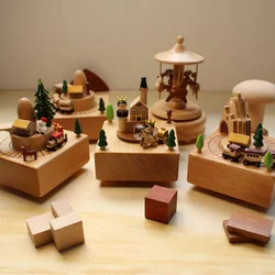 Cottage Garden Castle Car Woodgrain Wind-Up Musical Figurine Wooden Creative Music Box Carousel Wooden Train Birthday Gifts