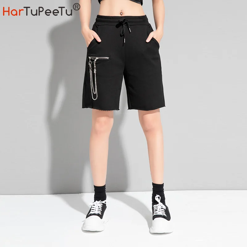 

Gothic Black Shorts Women 2022 Wide Leg Pants Elastic High Waist Summer Chain Decorate Pockets Streetwear