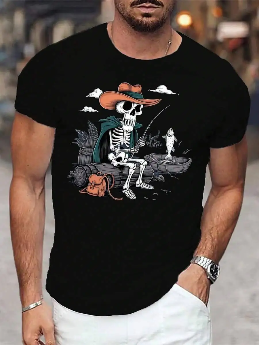 Unique Graphic Of Skeleton Fishing On A T-Shirt, Perfect For Men, Summer Wear. 100% Cotton Trendy Y2K Short-Sleeve Tee-Soft,