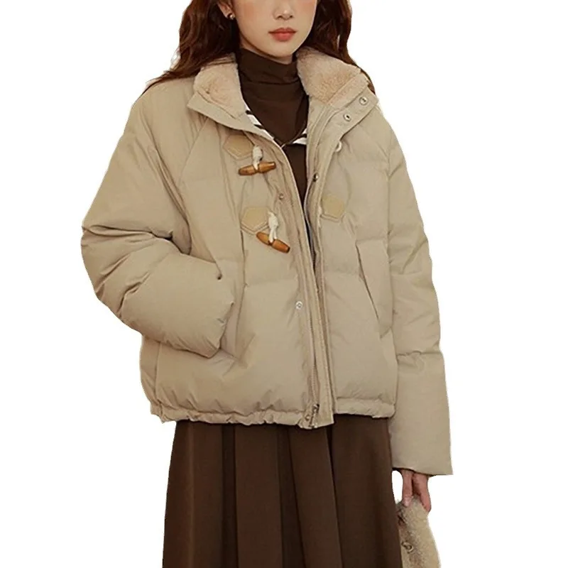 2025, neue Winter-Damen-Pufferjacke mit Hornknopf, lockere Passform, Baumwollmantel, koreanischer Stil, abgeschnittene gepolsterte Jacke, verdickte Jacke