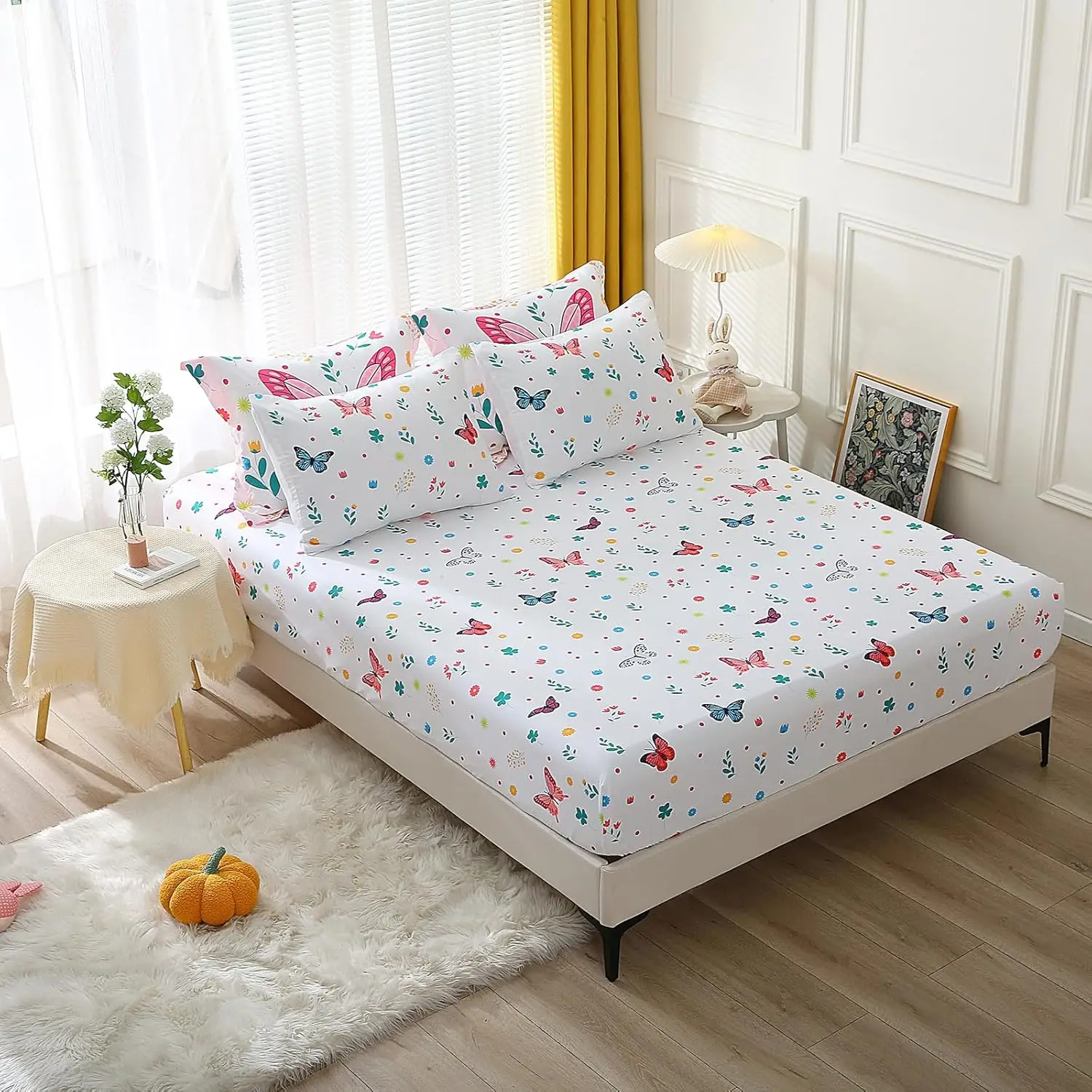 Colorful Butterfly Full Bedding Set for Girls, 7-Piece Microfiber Comforter with Sheets and Pillowcases