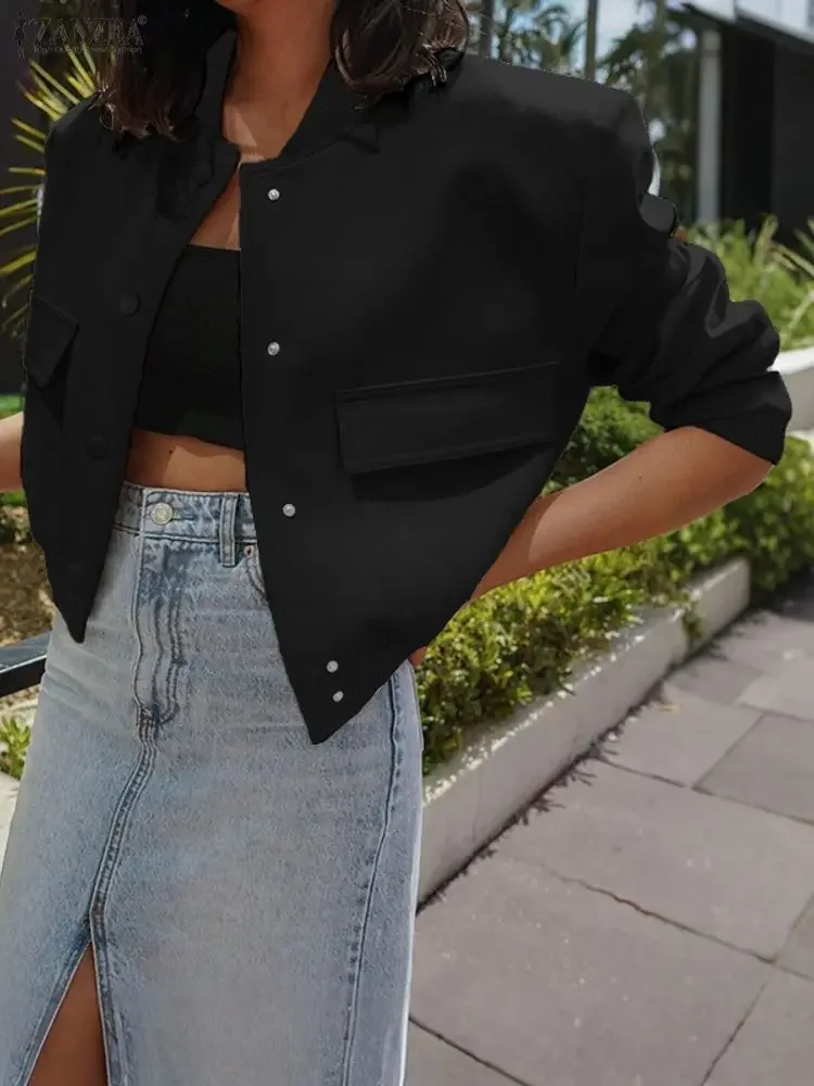 

Женские куртки-бомберы ZANZEA, модные однотонные короткие куртки на пуговицах с длинными рукавами и карманами для женщин, осень 2021, уличная одежда