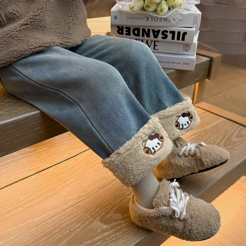 

New Velvet Girls Jeans Autumn Winter New Thicken Cartoon All-In-One Velvet Straight Pants Leisure Keep Warm Fashion Trousers