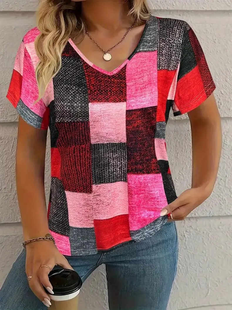 

2025 Summer Women's Short-sleeved T-shirt V-neck Casual Square Print Fashion Basic Top Versatile Tees for Female
