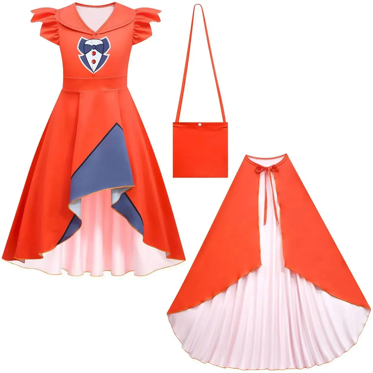 Kids Girls Anime Cartoon Ruffle Short Sleeves Circus Clown Caine Princess Dress Cloak Bag Set Outfit Halloween Cosplay Costume