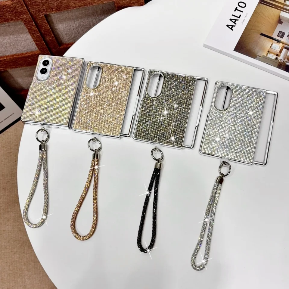 Funda de lujo con brillantina, cristal y pedrería con correa para muñeca para Samsung Galaxy Z Fold 8, cadena ancha con recubrimiento metálico, carcasa rígida a prueba de golpes 6