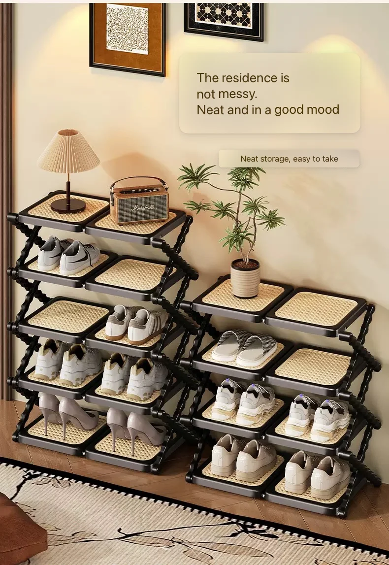 Foldable Vintage Space Saving Shoe Rack Stand Thickened Iron Tube Double Row Multi-Layer Rust-proof Sturdy Shoe Storage Entryway