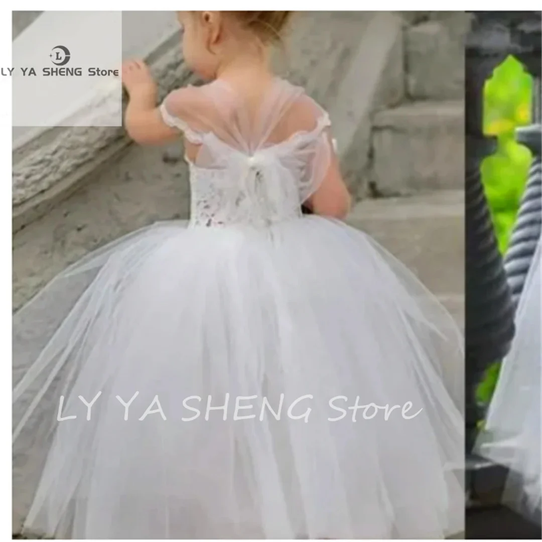 Pure White Tulle Lace Printing Sling First Communion Kids Surprise Birthday Present Flower Girl Dress Princess Dress Ball