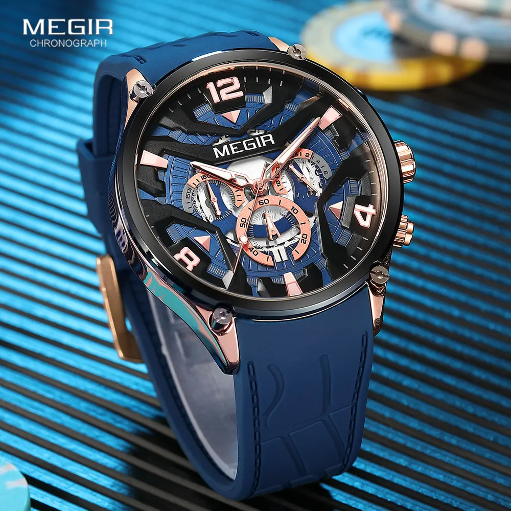 MEGIR Olive Green Sport Watch Men Fashion Silicone Strap Waterproof Chronograph Quartz Wristwatch with Auto Date Luminous Hands