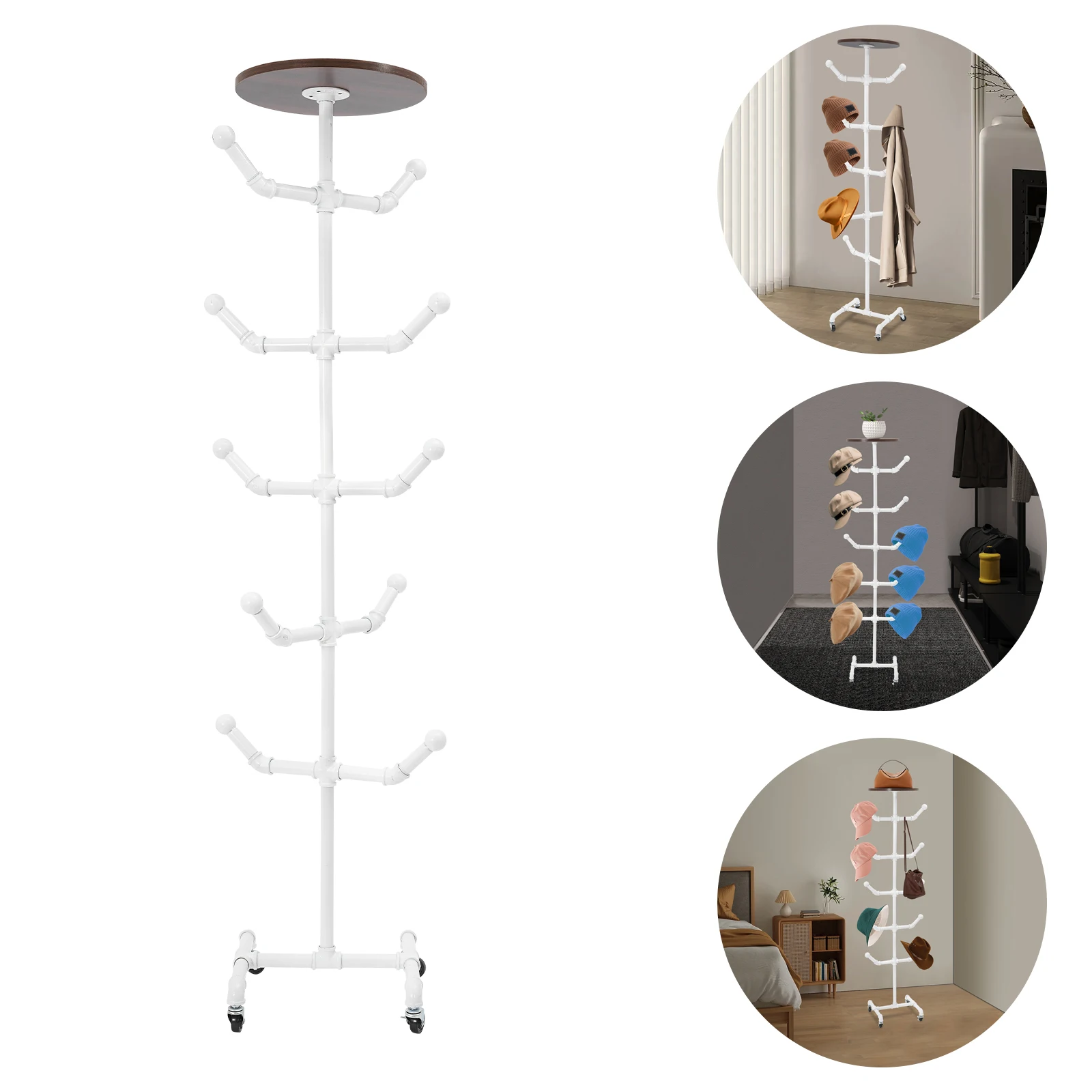 34x34x166cm Coat and Hat Stand, Floor Standing Clothes Rack, Capacity 30kg Load 10 Hooks for Hanging Hats, Scarves, Bags, Clothes
