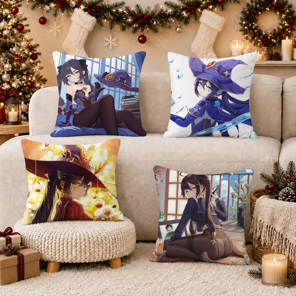 Game G-Genshin Impact Mona Cushion Cover Soft Short Plush Pillow Case Cushion Cover for Living Room Sofa Decor 2