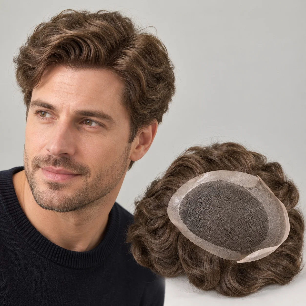 Men's European Human Hair Toupee 4# Medium Brown 7x9 10x8 6 Inch 32mm Waves 120% Density French Lace & PU Base